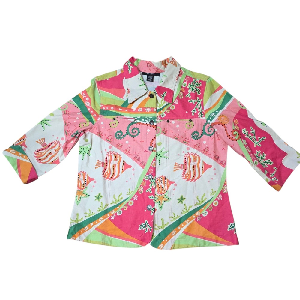 Kaktus Tropical Fish Print Button Front Jacket Blazer Cotton Blend‎ Size L